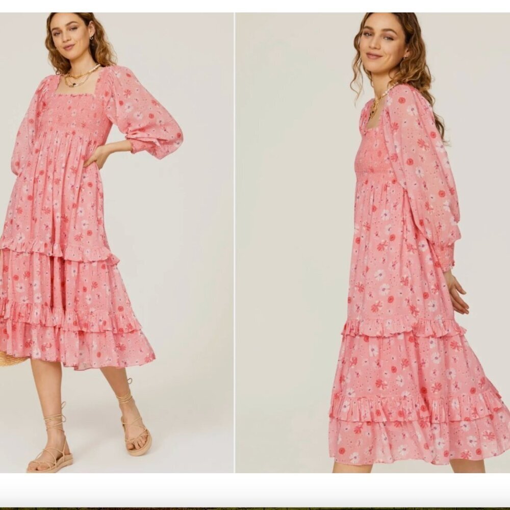 LoveShackFancy Miri Dress Midi Shift Boho Pink Floral Size Small *READ FLAW*‎
